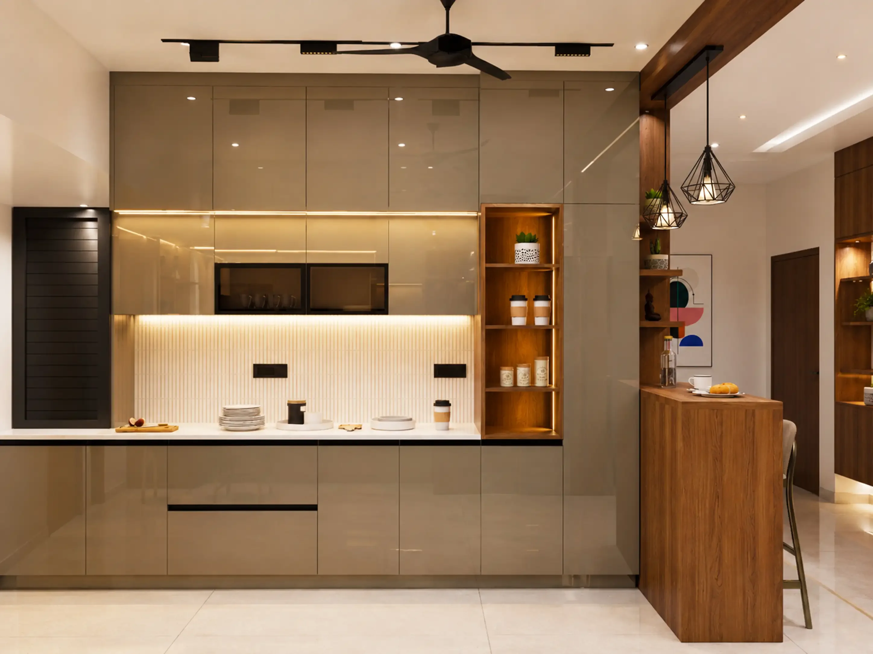 Minimal pantry counter with integrated appliances and stone work surfaces