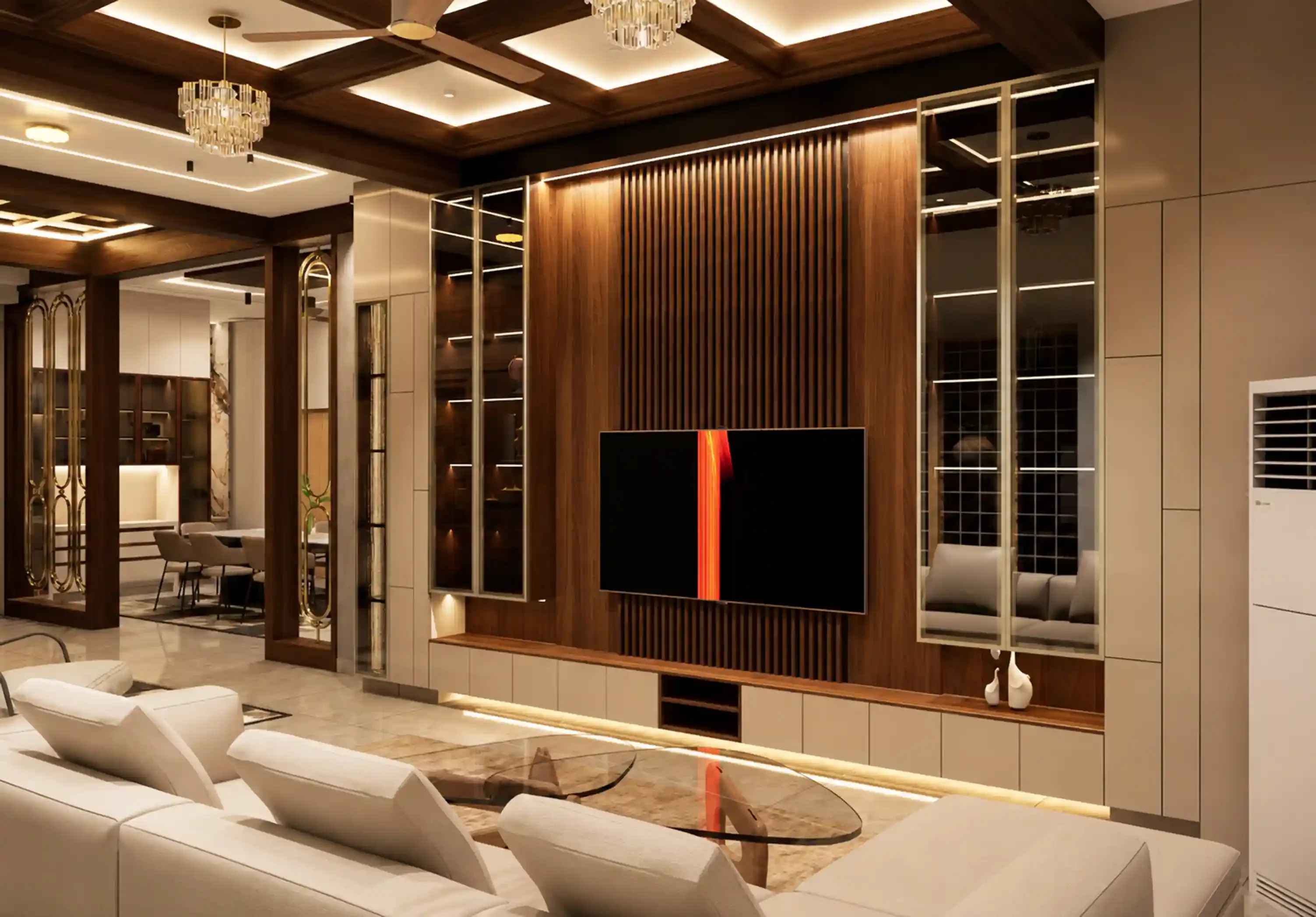 Media room with architectural timber joinery and integrated linear lighting